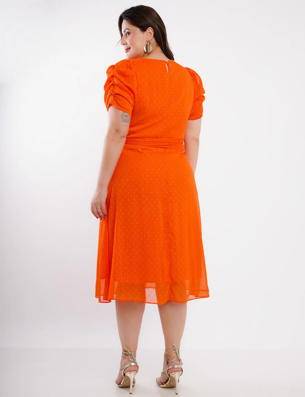 Vestido Midi Chiffon Textura Com Lurex Laranja