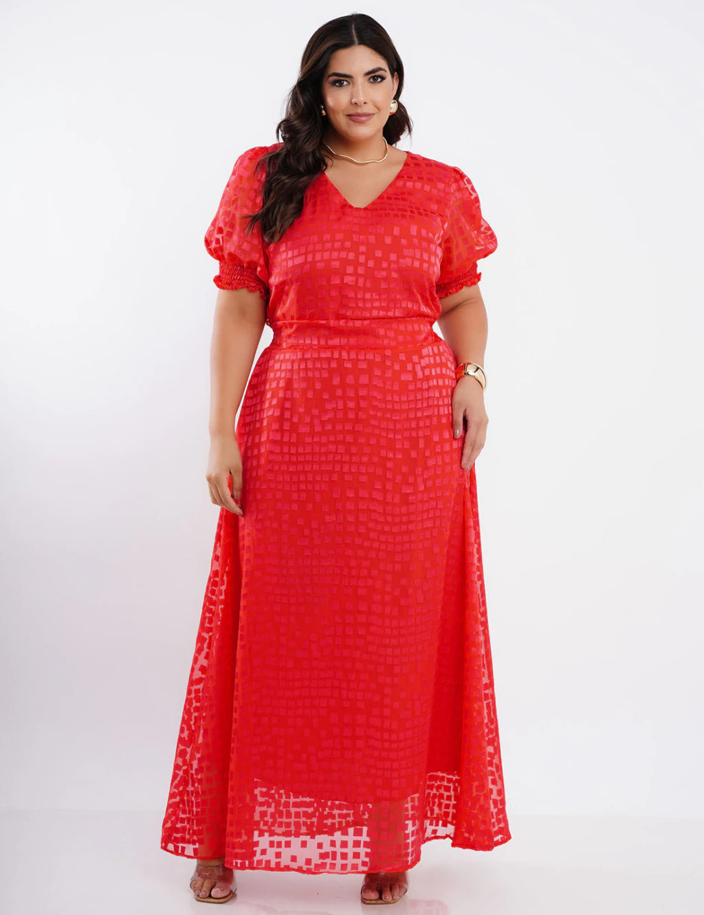 Vestido Longo Crepe Com Textura Coral