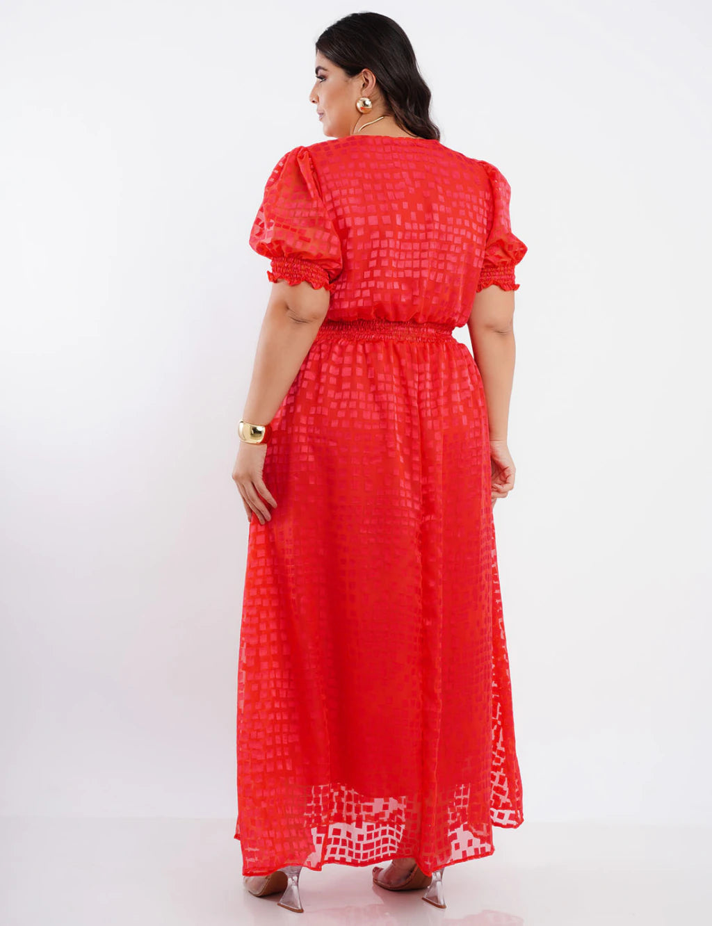 Vestido Longo Crepe Com Textura Coral