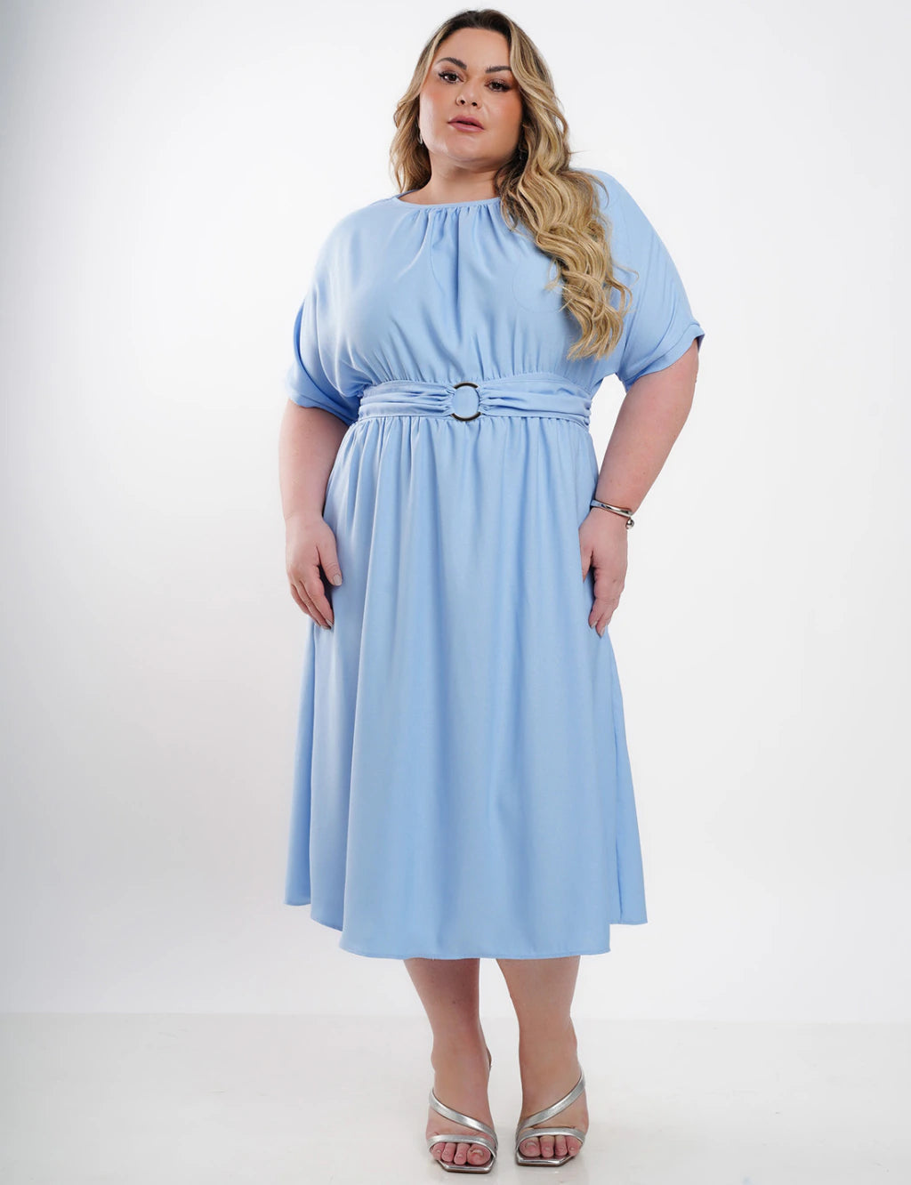 Vestido Midi Crepe Com Argola Cintura Azul