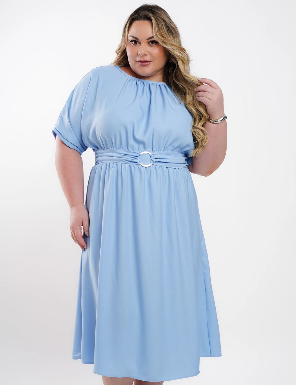 Vestido Midi Crepe Com Argola Cintura Azul