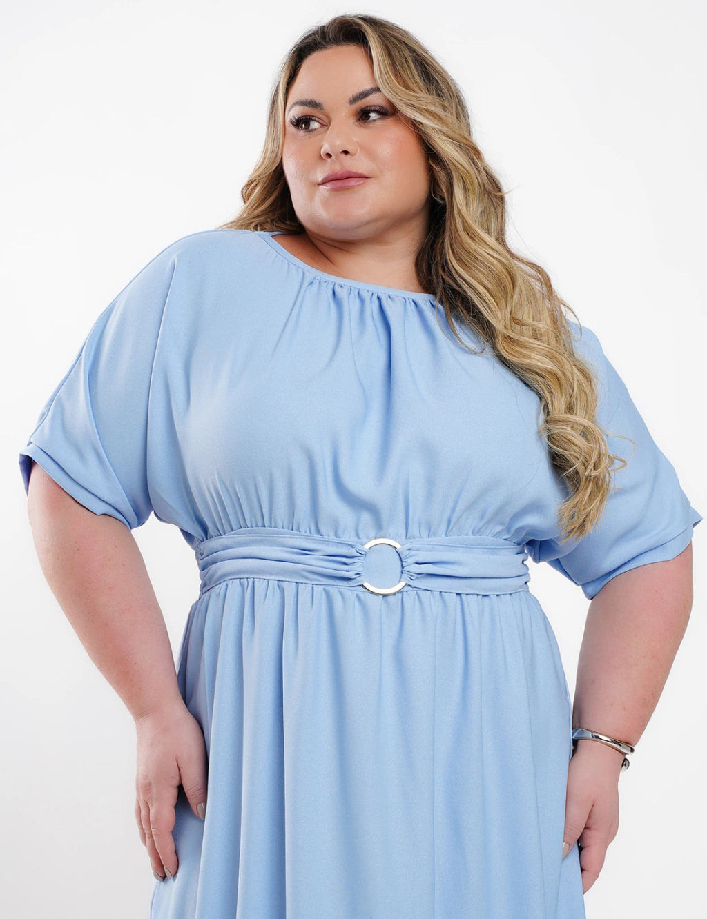 Vestido Midi Crepe Com Argola Cintura Azul
