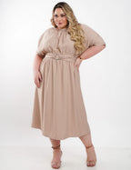 Vestido Midi Crepe Com Argola Cintura Bege