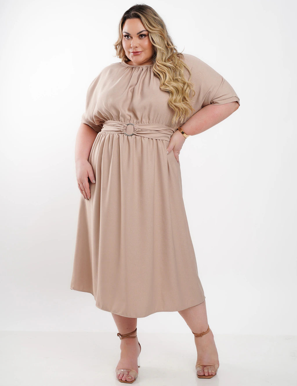 Vestido Midi Crepe Com Argola Cintura Bege
