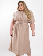 Vestido Midi Crepe Com Argola Cintura Bege
