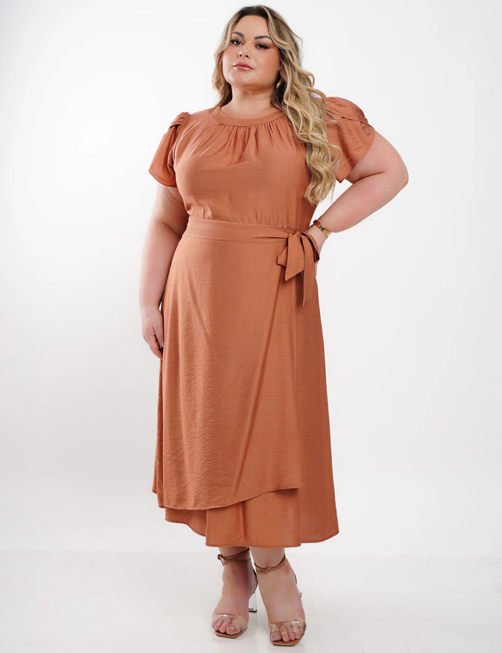 Vestido Midi Viscose Liso Com Saia Dupla Marrom
