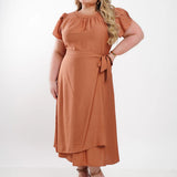 Vestido Midi Viscose Liso Com Saia Dupla Marrom