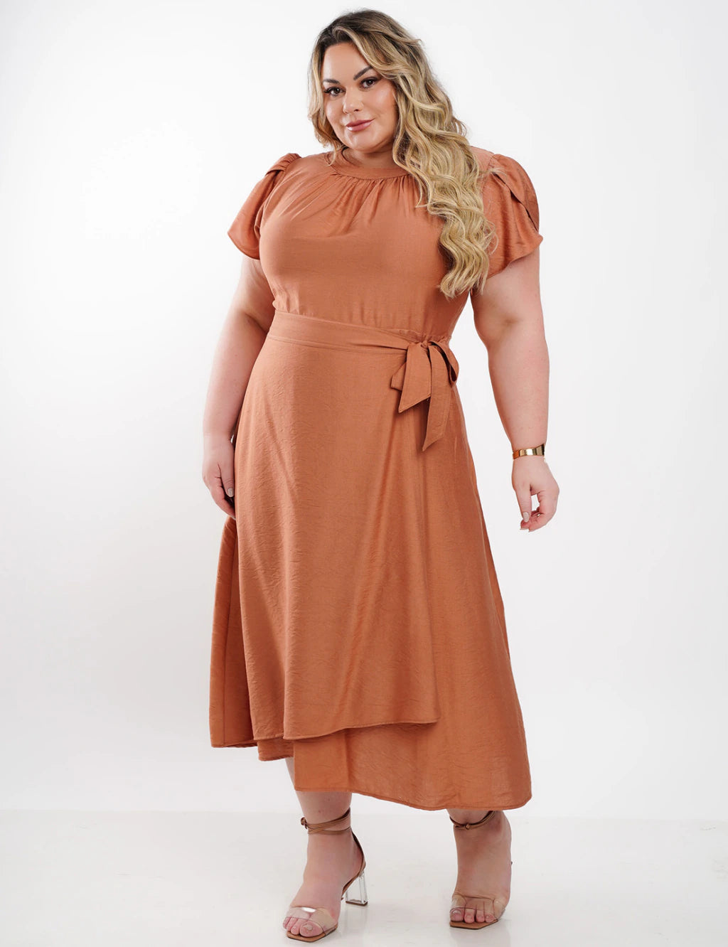 Vestido Midi Viscose Liso Com Saia Dupla Marrom