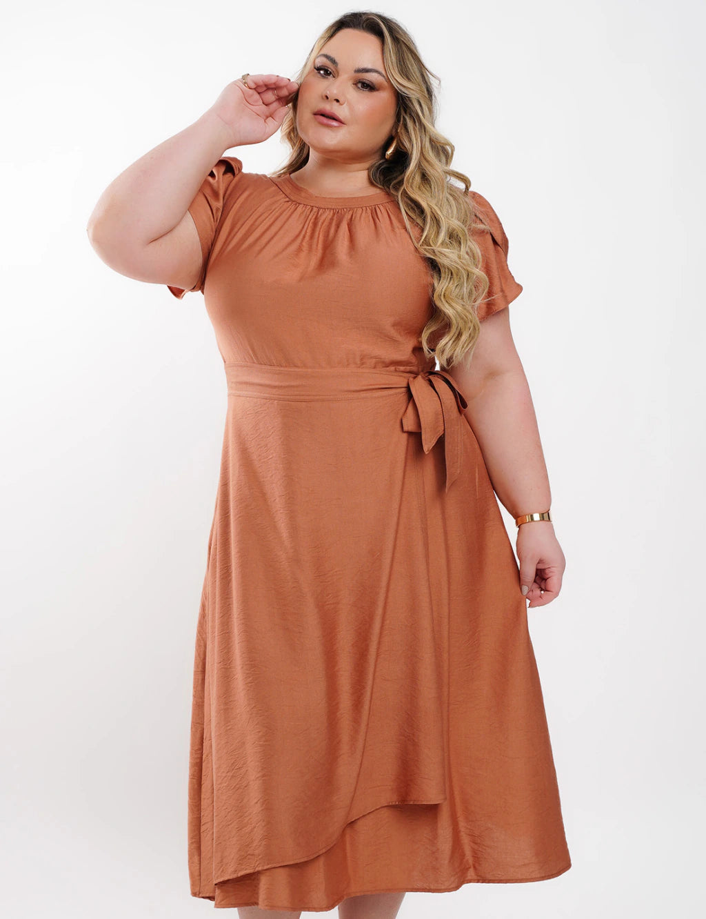 Vestido Midi Viscose Liso Com Saia Dupla Marrom