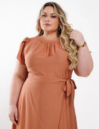 Vestido Midi Viscose Liso Com Saia Dupla Marrom
