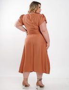 Vestido Midi Viscose Liso Com Saia Dupla Marrom