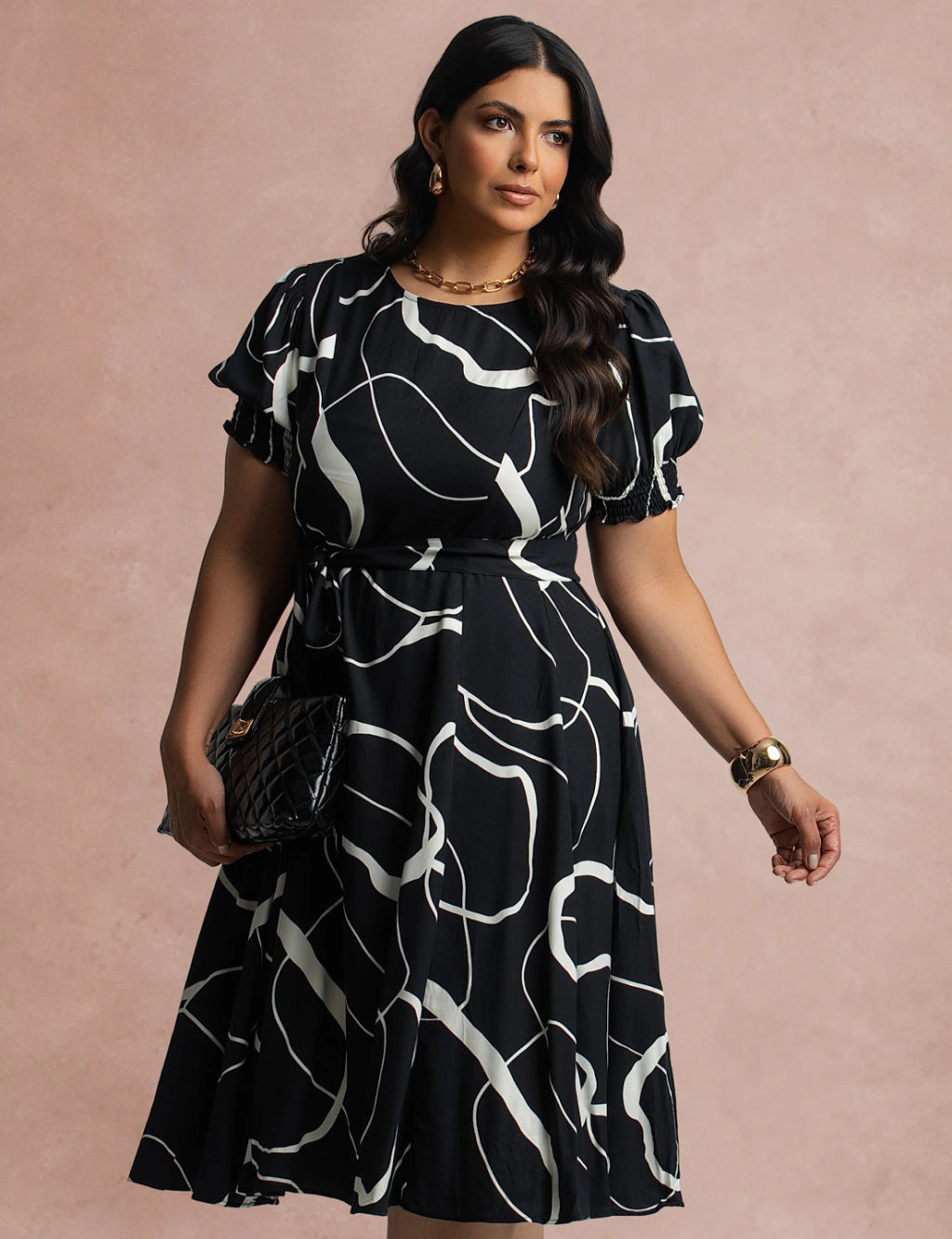 Vestido Midi Viscose Twill Com Cinto Preto