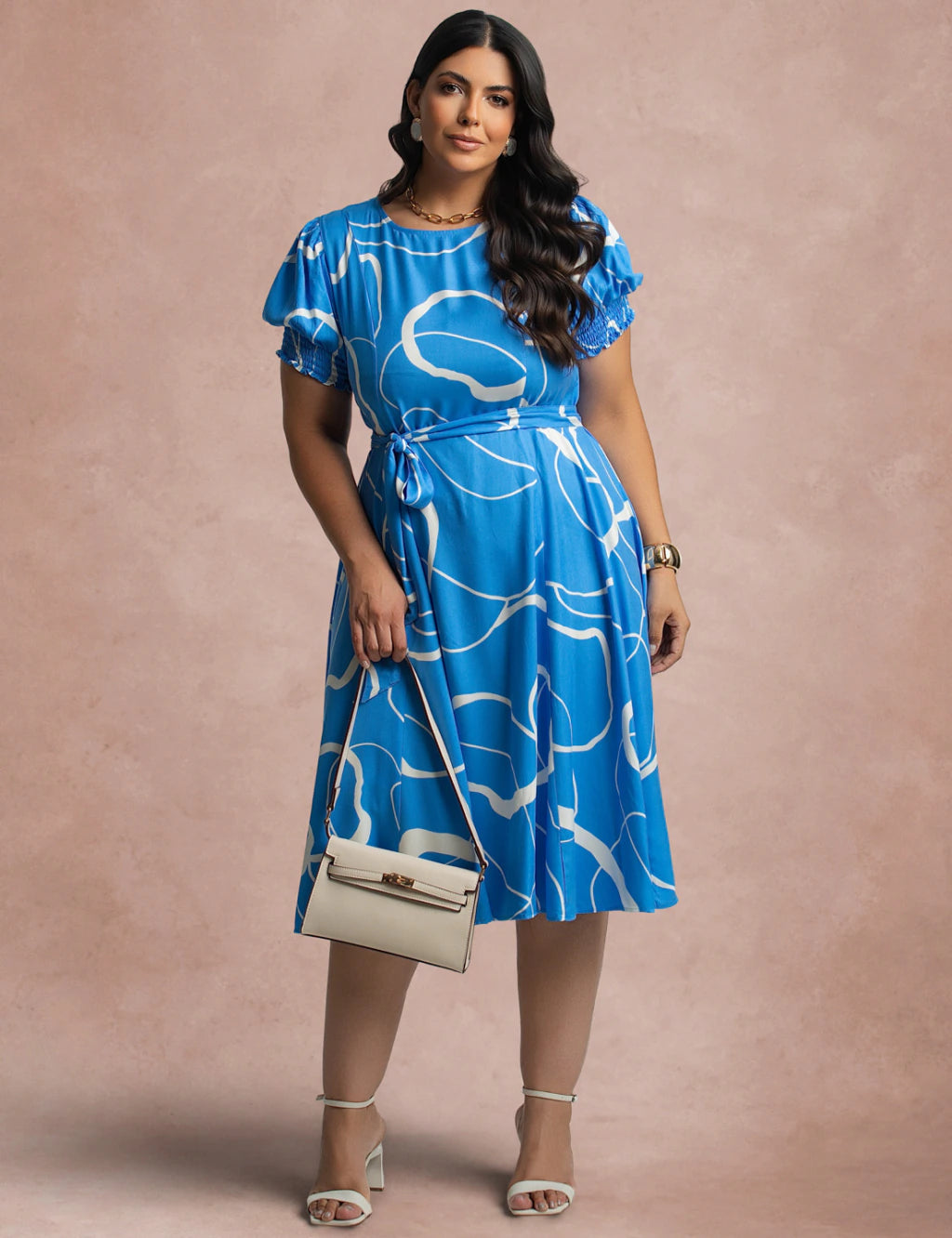 Vestido Midi Viscose Twill Com Cinto Azul