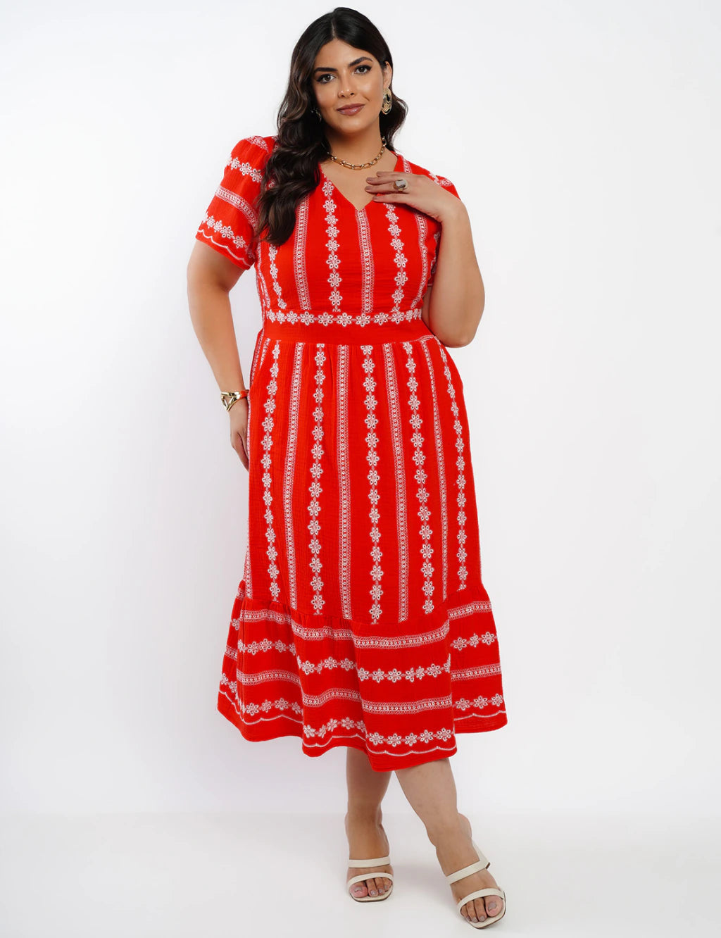 Vestido Midi Algodão Bordado Vermelho