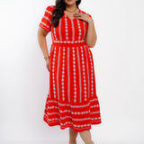 Vestido Midi Algodão Bordado Vermelho