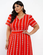 Vestido Midi Algodão Bordado Vermelho