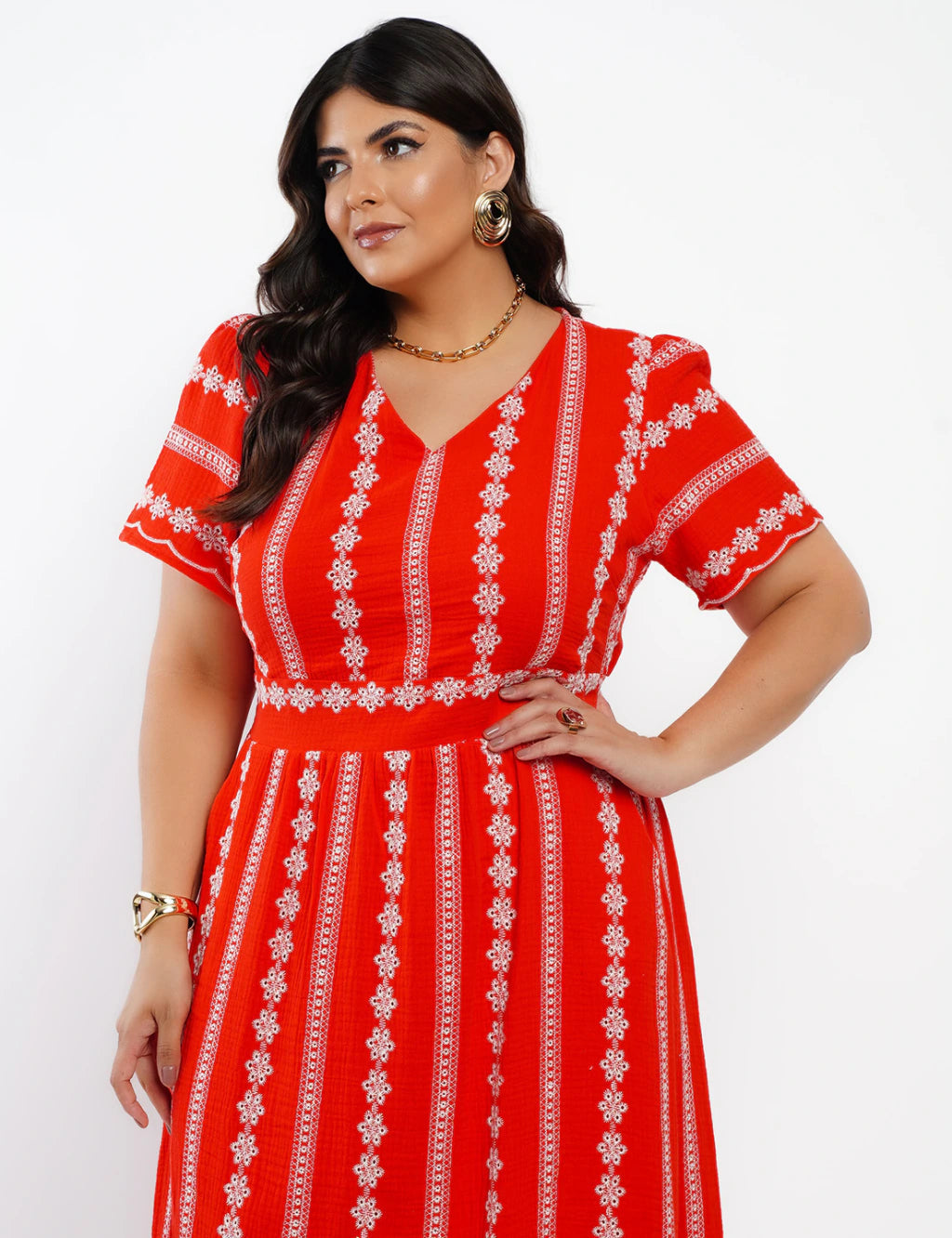 Vestido Midi Algodão Bordado Vermelho