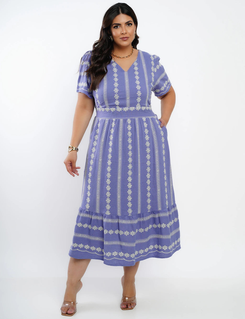 Vestido Midi Algodão Bordado Lilás