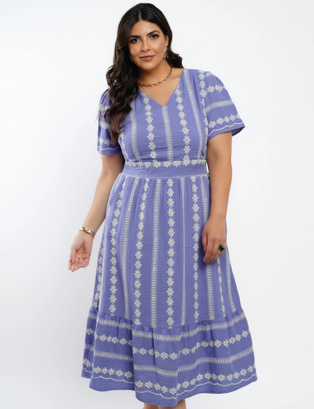 Vestido Midi Algodão Bordado Lilás