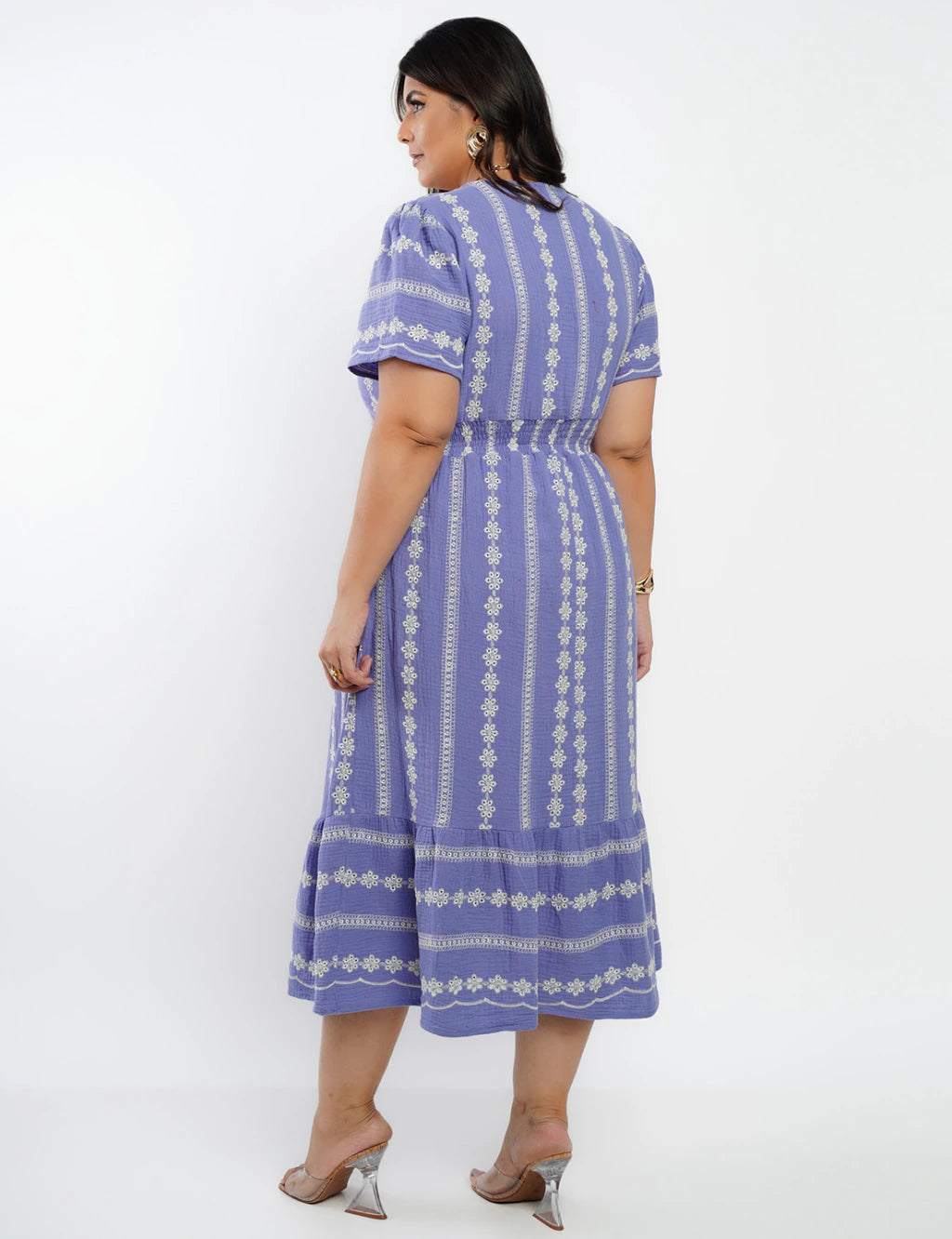 Vestido Midi Algodão Bordado Lilás