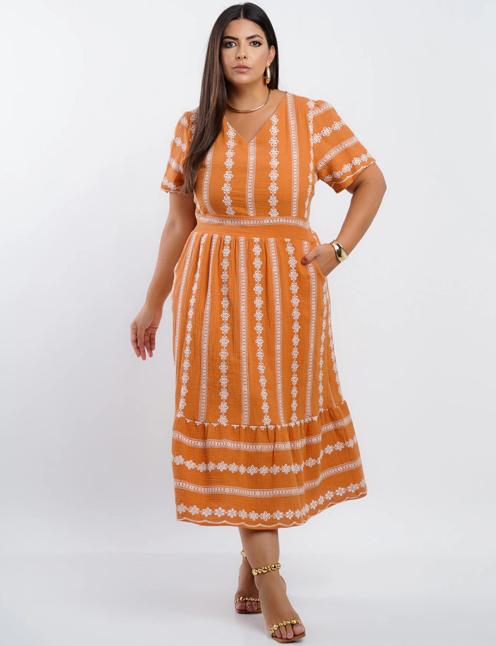 Vestido Midi Algodão Bordado Terra