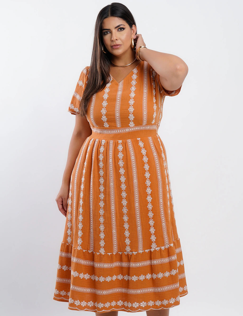Vestido Midi Algodão Bordado Terra
