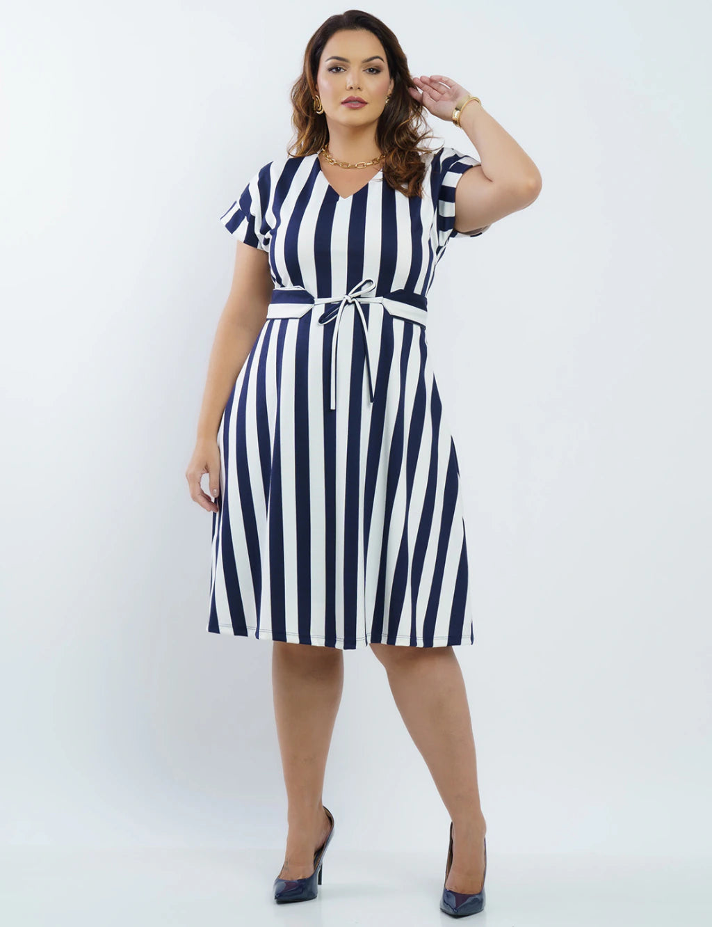 Vestido Curto Pontoroma Listrado Com Cinto Marinho