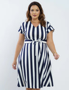 Vestido Curto Pontoroma Listrado Com Cinto Marinho