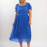 Vestido Midi Chiffon Com Aplique Floral Azul