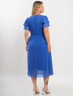 Vestido Midi Chiffon Com Aplique Floral Azul