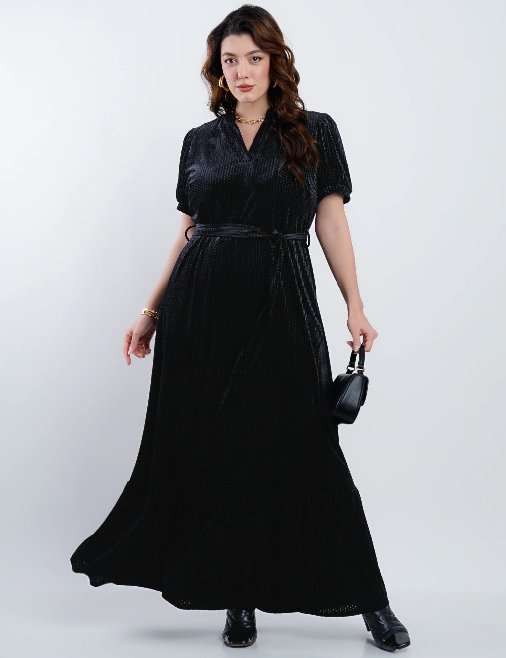 Vestido Longo Veludo Com Cinto Preto