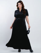 Vestido Longo Veludo Com Cinto Preto