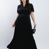 Vestido Longo Veludo Com Cinto Preto