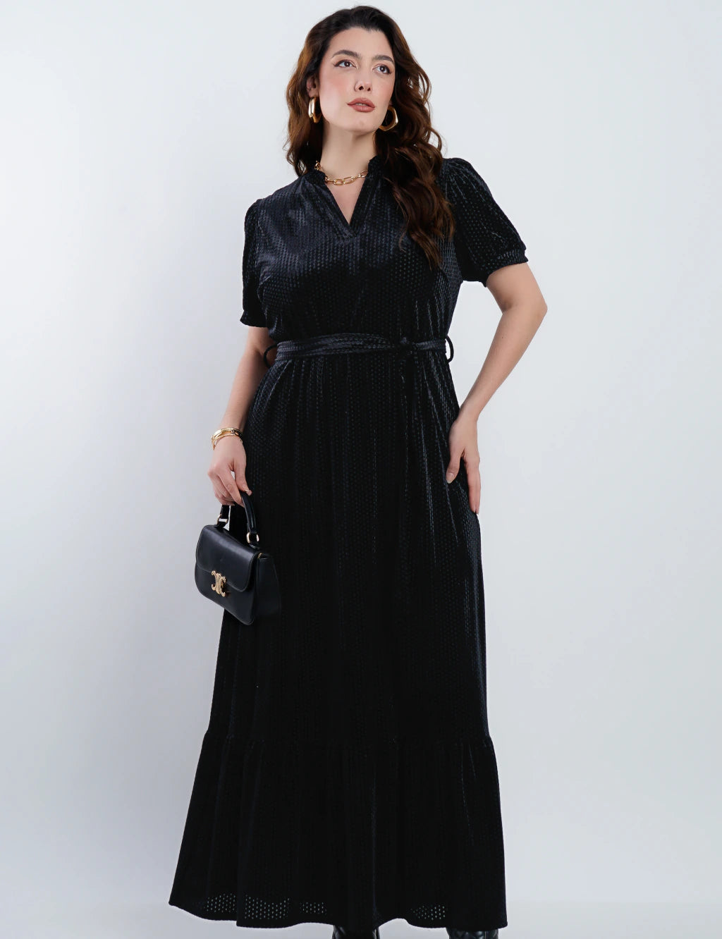 Vestido Longo Veludo Com Cinto Preto
