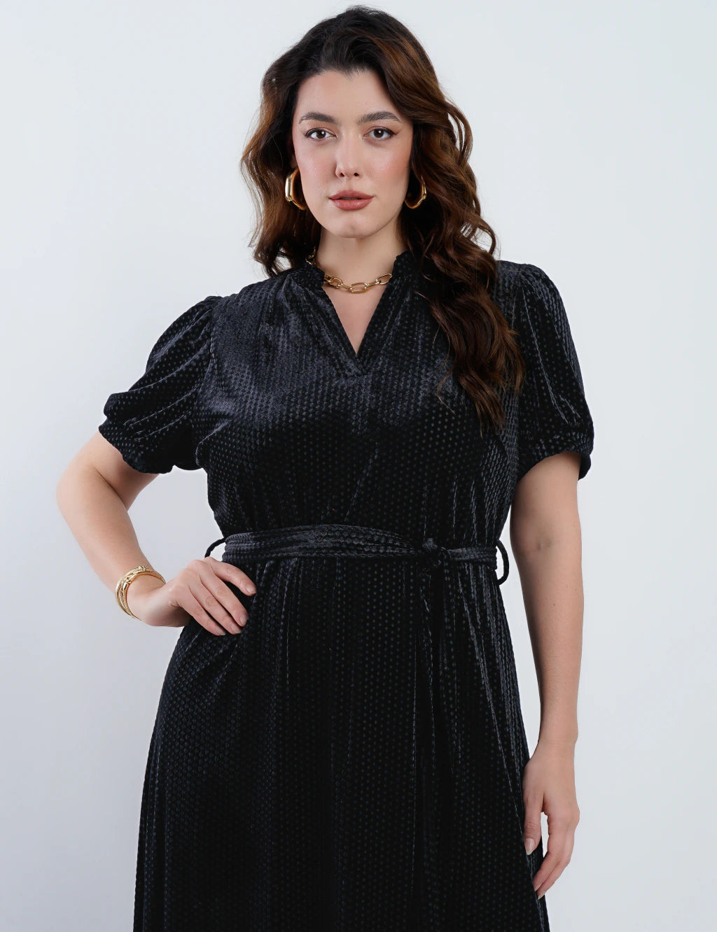 Vestido Longo Veludo Com Cinto Preto