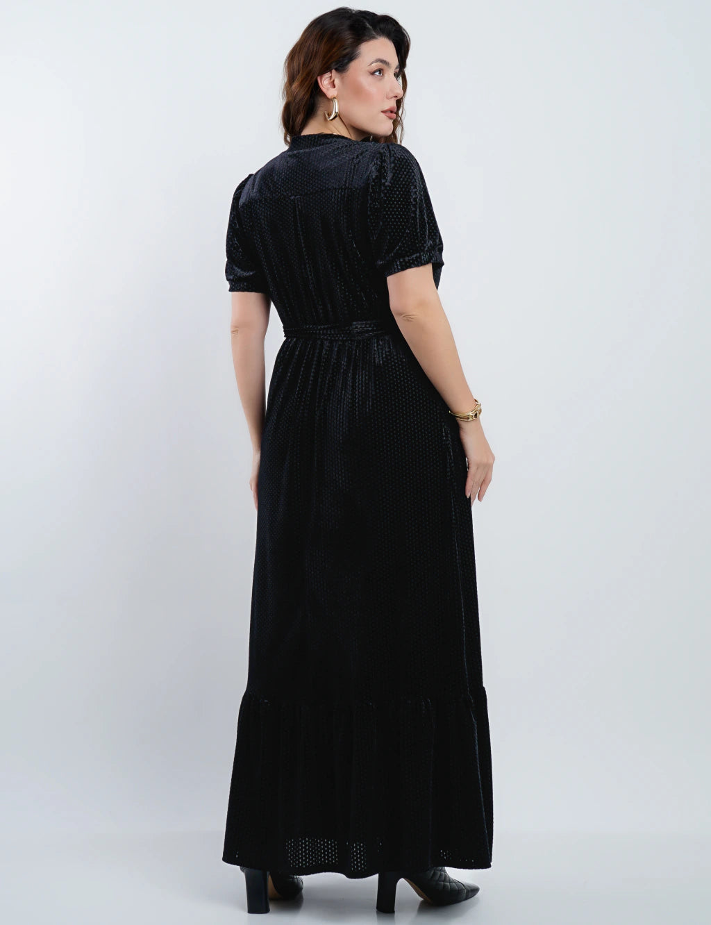 Vestido Longo Veludo Com Cinto Preto