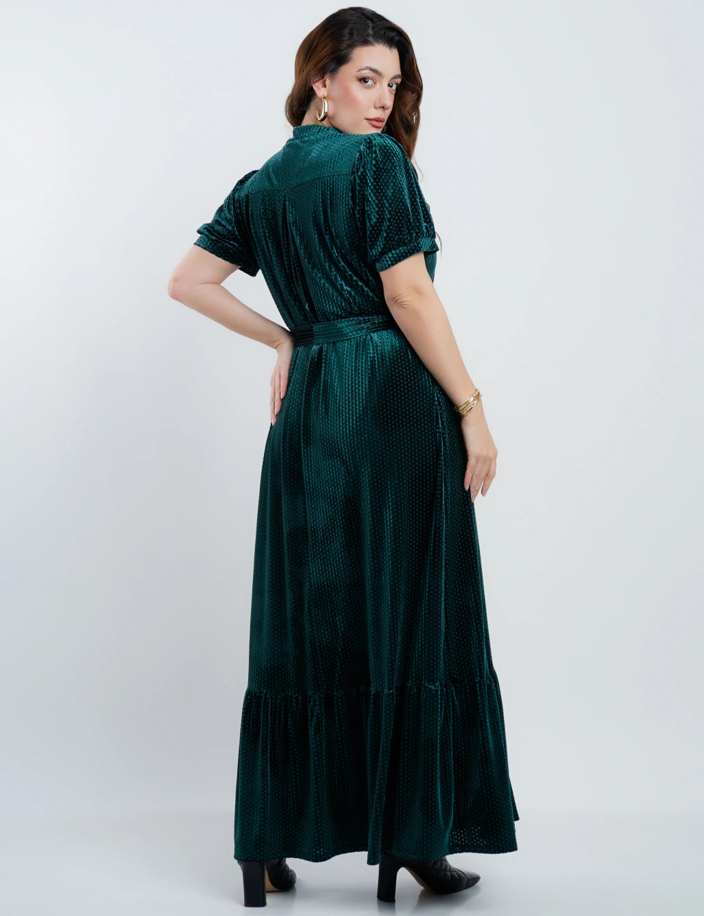 Vestido Longo Veludo Com Cinto Verde