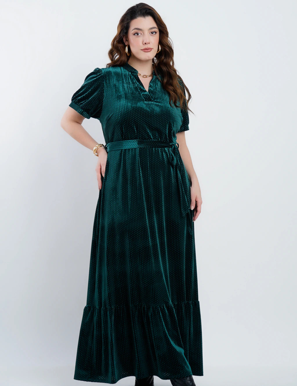 Vestido Longo Veludo Com Cinto Verde