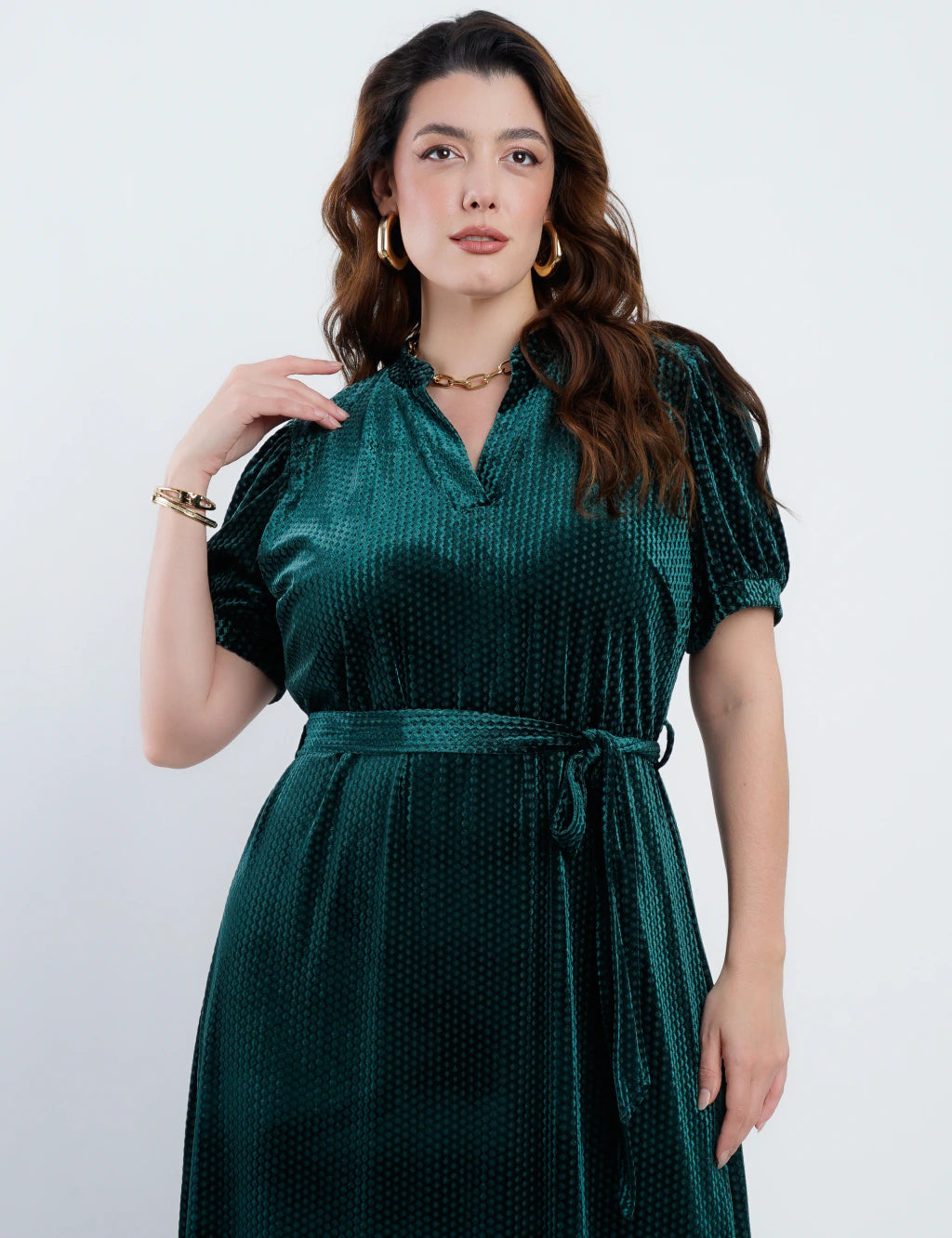 Vestido Longo Veludo Com Cinto Verde