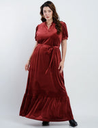 Vestido Longo Veludo Com Cinto Vinho