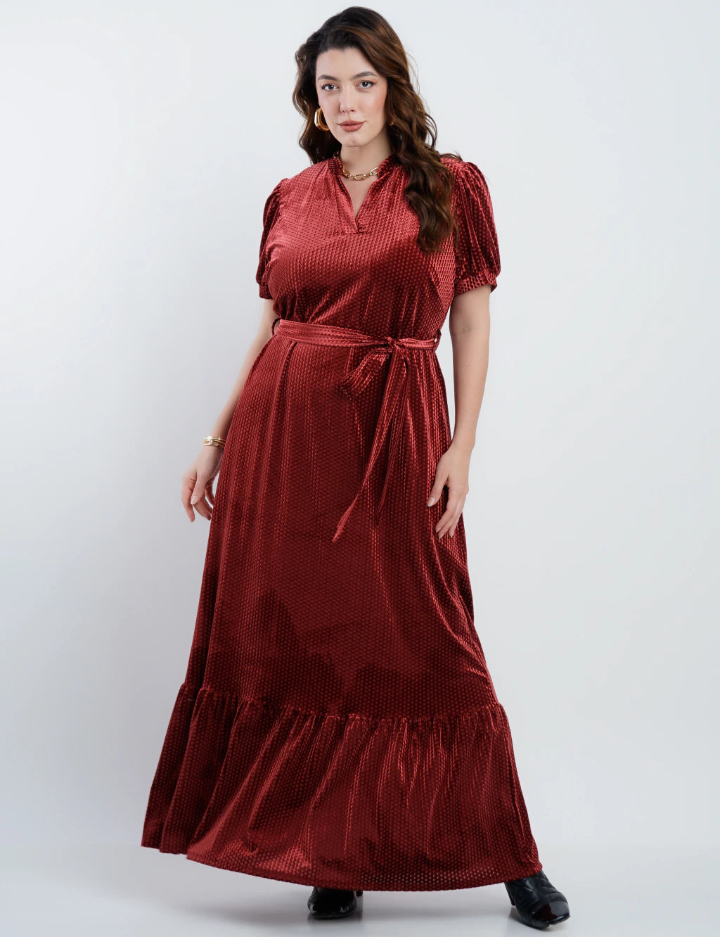 Vestido Longo Veludo Com Cinto Vinho