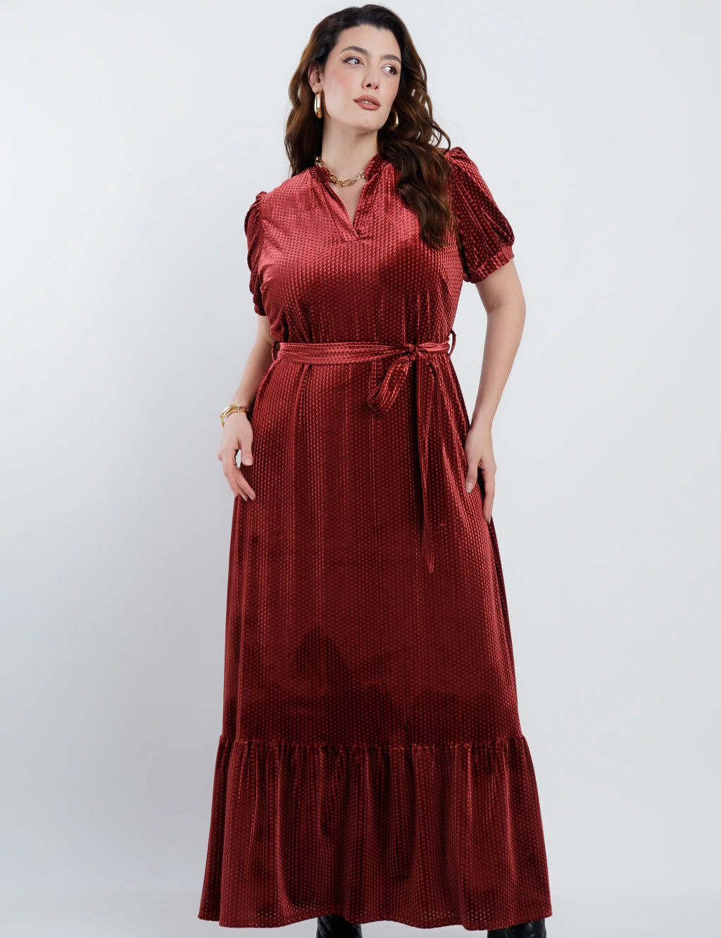 Vestido Longo Veludo Com Cinto Vinho
