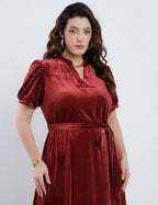 Vestido Longo Veludo Com Cinto Vinho