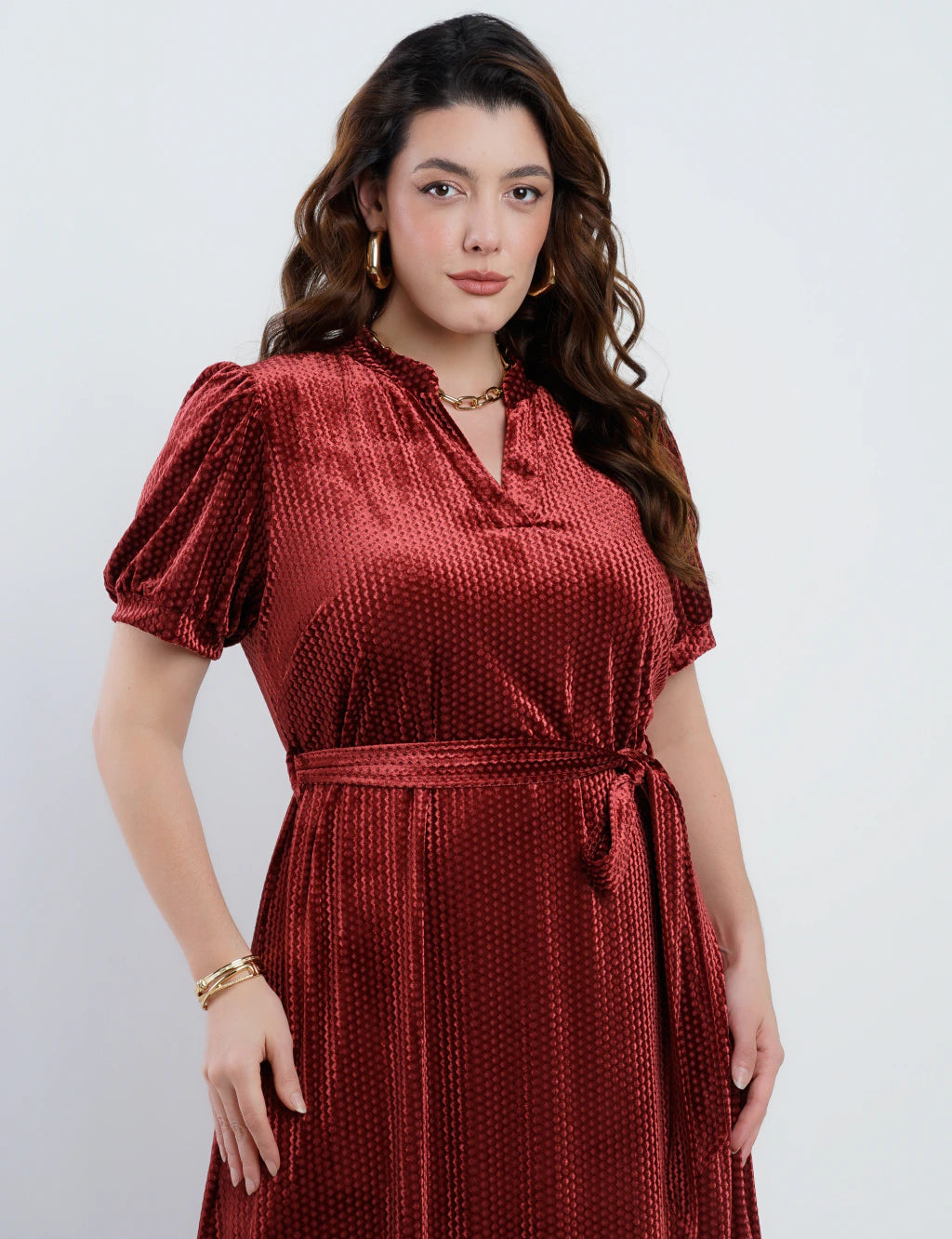 Vestido Longo Veludo Com Cinto Vinho
