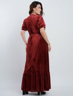 Vestido Longo Veludo Com Cinto Vinho