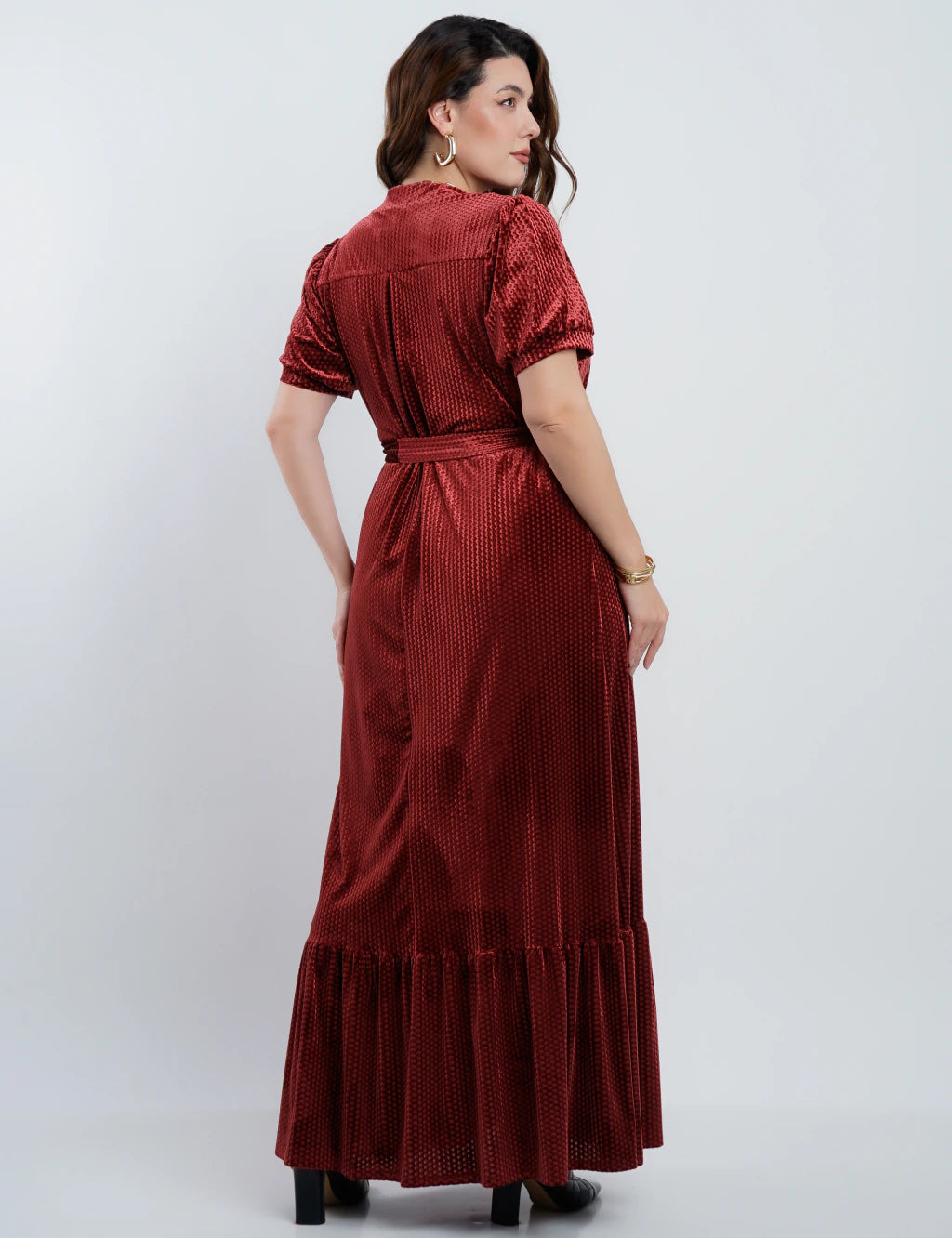 Vestido Longo Veludo Com Cinto Vinho