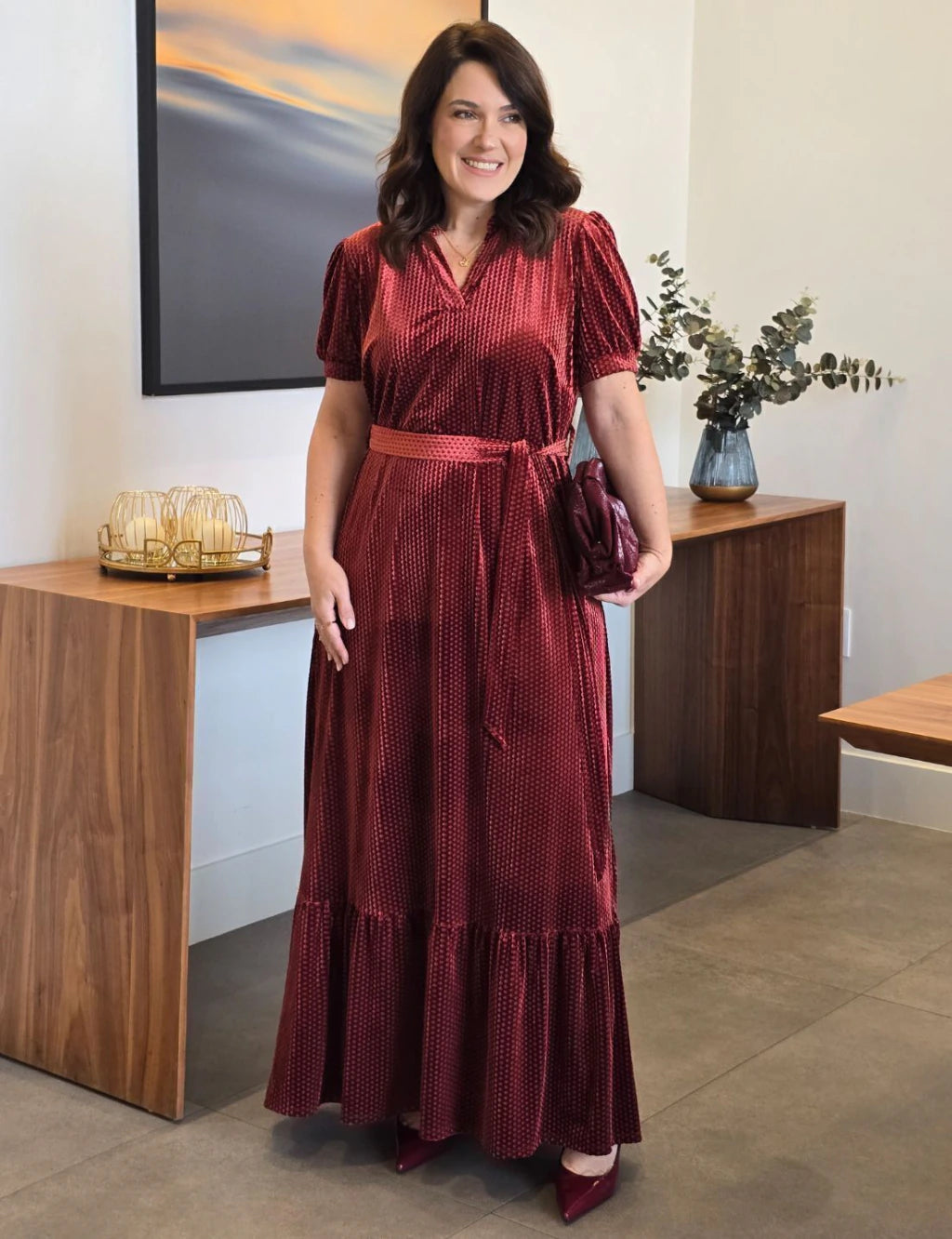 Vestido Longo Veludo Com Cinto Vinho