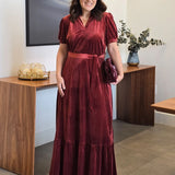 Vestido Longo Veludo Com Cinto Vinho