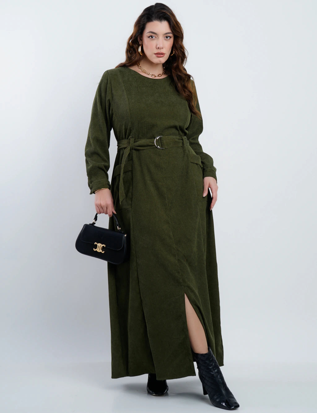 Vestido Longo Veludo Com Bolsos Musgo