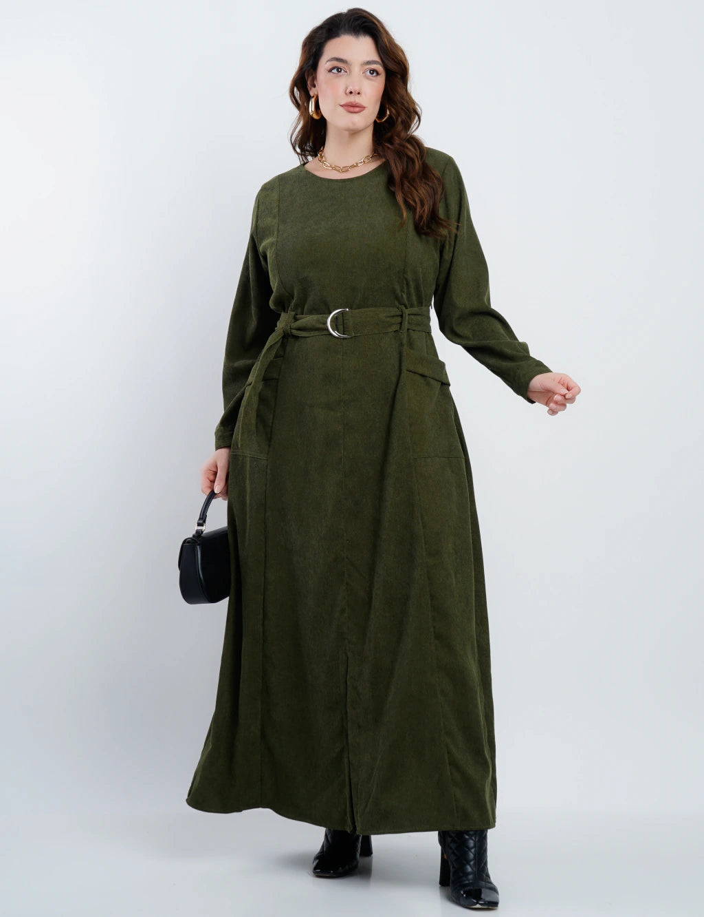Vestido Longo Veludo Com Bolsos Musgo